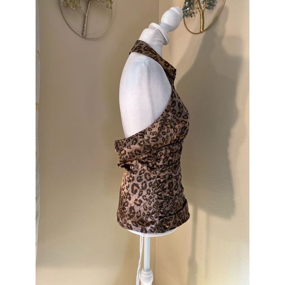 Guess Sexy Leopard Print Satin Button Front Halter Top Medium - Picture 6 of 8